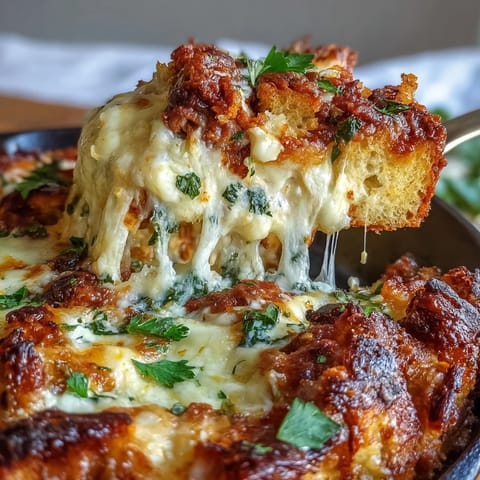 Hearty skillet meal of Cheesy Garlic Bread Lasagna layered with beefy marinara, ricotta, and buttery garlic bread cubes.