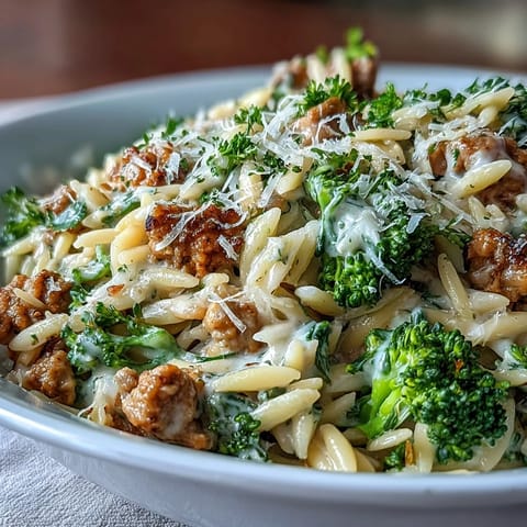 A close-up of Creamy Garlic Turkey & Broccoli Orzo with tender broccoli florets and juicy turkey in a silky sauce.