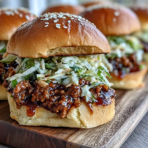 Korean Turkey Sloppy Joe Sliders on soft buns are topped with a tangy crunchy slaw for a spicy bite.