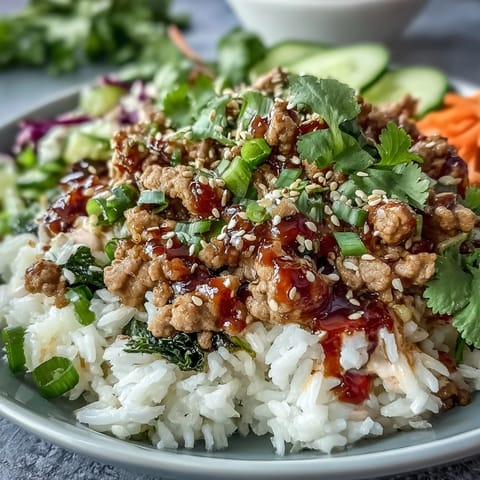A colorful serving of Spicy Bang Bang Turkey Rice Bowls with purple cabbage, carrots, and lime wedges.