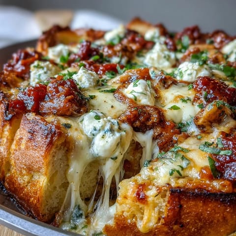 Fork-tender pieces of Cheesy Garlic Bread Lasagna Skillet are lifted with steam from the cast-iron, revealing golden mozzarella pulls and rich red meat sauce.