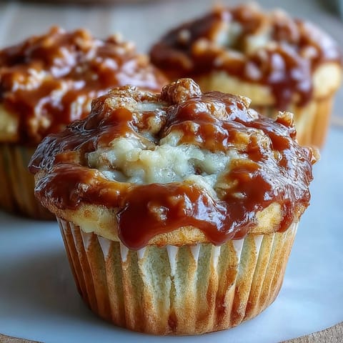 Freshly baked Caramel Cream Cheese Swirl Muffins reveal marbled cream cheese centers next to a steaming mug of coffee.