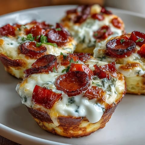 Golden-brown High-Protein Pepperoni Breakfast Cups sit in a muffin tin, featuring melted mozzarella and diced red peppers.