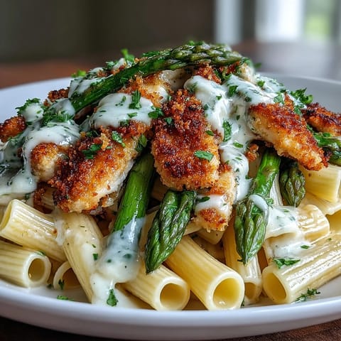 Golden-baked crispy Parmesan asparagus chicken pasta in a white bowl topped with fresh parsley.