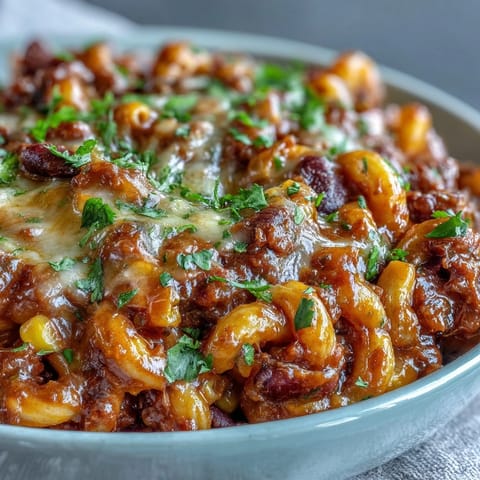 Cheesy One-Pot Tex-Mex Chili Mac with Corn served in a bowl with black beans, red bell pepper, and a dollop of sour cream.