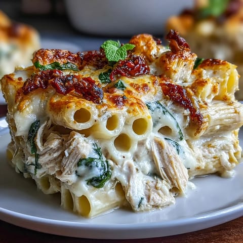 A close-up shows creamy Greek yogurt Alfredo sauce coating penne pasta with shredded chicken and wilted spinach.