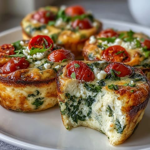 Freshly baked High-Protein Egg Muffin Cups with Spinach and Tomatoes are stacked on a white plate, ready for breakfast.