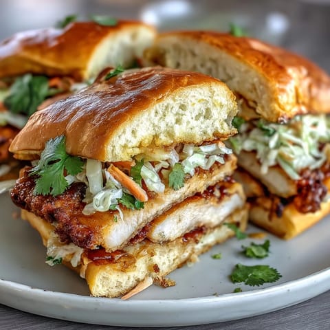 Golden Thai-spiced fried chicken breast layered with zesty sriracha mayo, crunchy cabbage, and pickled carrots in a soft brioche bun.  