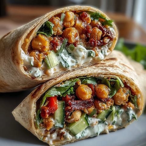 Vibrant vegan coconut curry chickpea salad wraps with fresh vegetables and herbs, perfect for a quick and healthy lunch.  