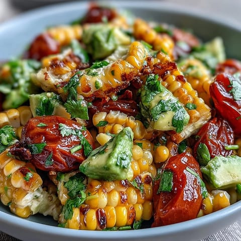 Fresh corn and tomato salad with avocado and lime, bursting with summer flavors and zesty citrus dressing.  