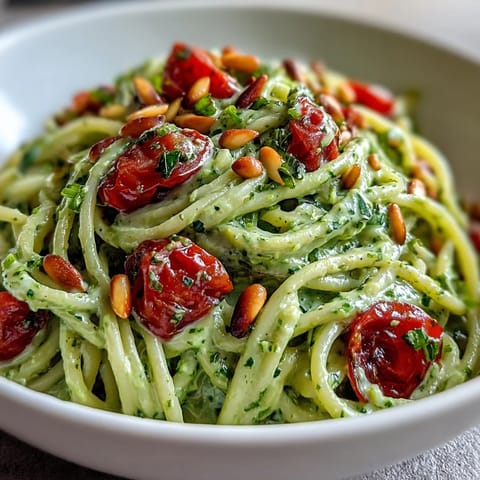 Creamy avocado lime pasta with cherry tomatoes, tossed in a silky vegan sauce and garnished with fresh basil and toasted pine nuts.