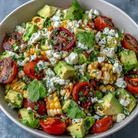 Fresh summer salad with sweet corn, juicy tomatoes, creamy avocado, and zesty lime vinaigrette in a colorful bowl.  