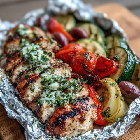 Greek chicken and veggie foil packets with lemon and oregano, bursting with colorful vegetables and tender chicken.  