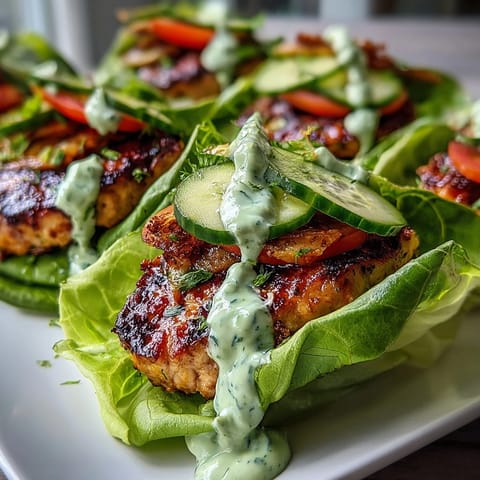 Juicy ground turkey patties served in lettuce wraps and drizzled with homemade avocado ranch for a healthy, gluten-free burger meal.  