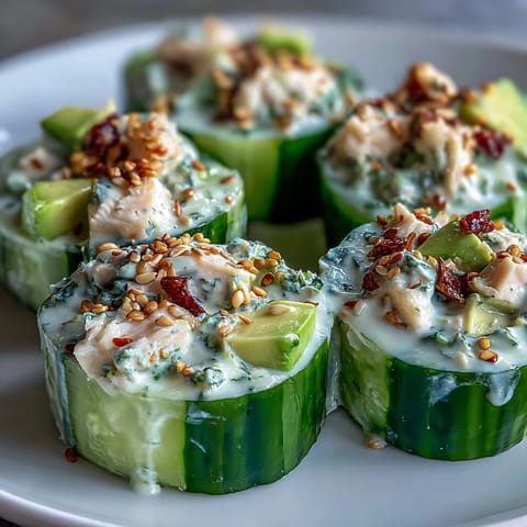California Roll Cucumber Salad with creamy avocado and crab, tossed in a sushi-inspired dressing and garnished with sesame seeds.  