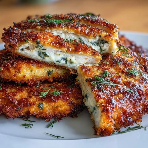 Crispy dill pickle Parmesan chicken with golden crust and juicy center, served hot from the skillet.  