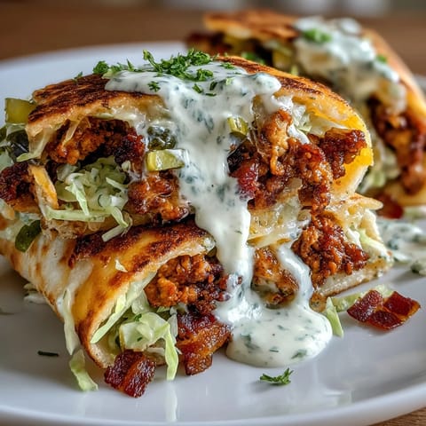 Golden cheese lace tacos topped with savory ground chicken, tangy pickles, and creamy ranch cottage cheese sauce.  