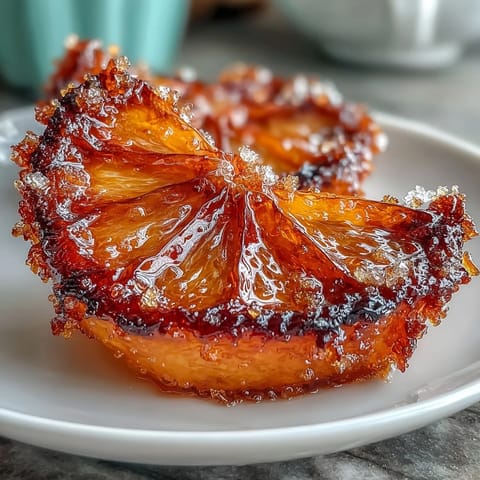 Glossy candied orange slices glistening with sugar syrup, perfect for elegant cocktail garnishes and romantic desserts.