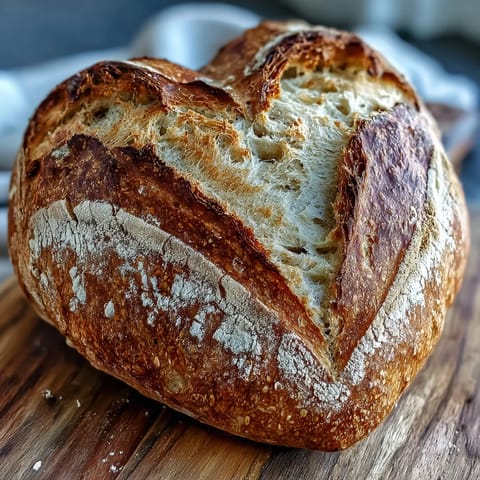 Heart-shaped sourdough bread with golden crust and airy crumb, decorated with artistic flour patterns for Valentines Day.