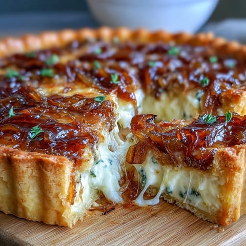 A golden caramelized onion and Gruyere tart with buttery flaky crust, showcasing layers of sweet onions and melted cheese.  