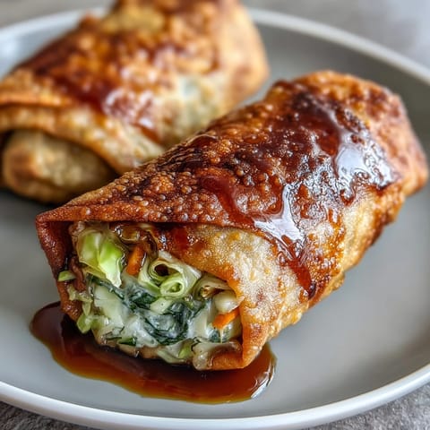 Golden-brown egg rolls packed with colorful vegetables, paired with a sweet and savory soy-ginger dipping sauce for an Asian-inspired appetizer.  
