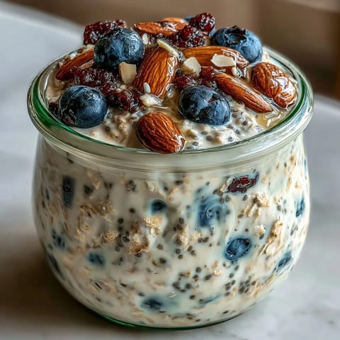 1. Creamy overnight oats with chia seeds and fresh blueberries in glass jars, topped with sliced almonds for a healthy breakfast.  