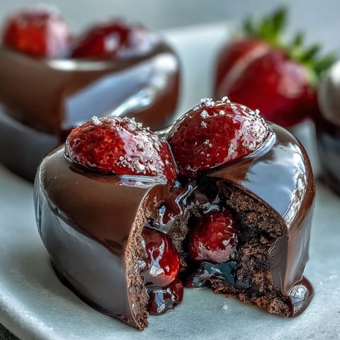 Romantic Valentine's Day chocolate heart filled with juicy fresh strawberries, ready to be broken open for a sweet surprise.  