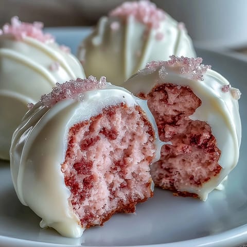 Delightful pink velvet cake pops dipped in creamy white chocolate, perfect for celebrating Galentines with friends.  