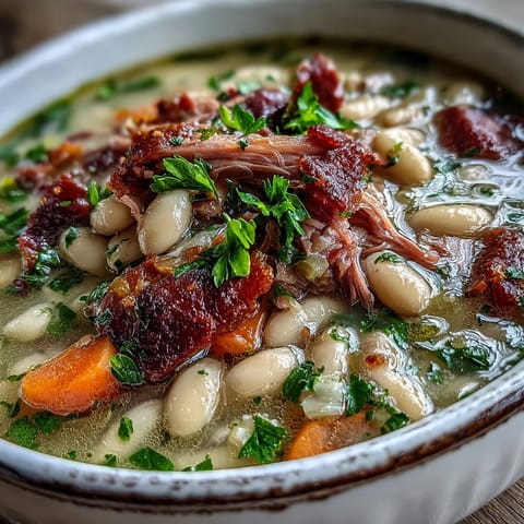 Warm bowl of Southern White Bean and Ham Hock Soup garnished with fresh parsley and served with crusty bread.  