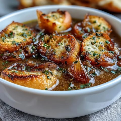 Creamy, slow-roasted garlic and caramelized onion soup served with crispy, herb-seasoned baguette croutons.  