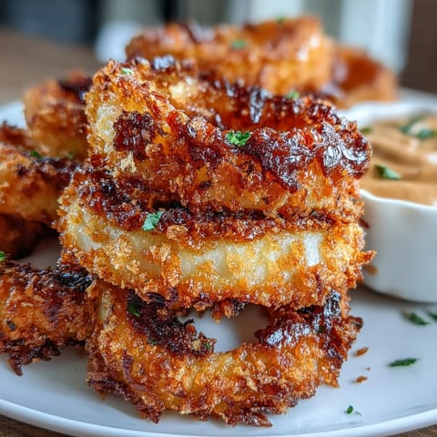 Golden onion rings coated in panko and served with a creamy, smoky paprika dip—a crowd-pleasing vegetarian snack.