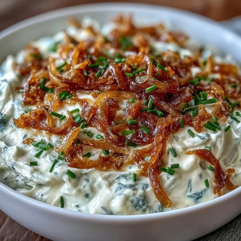 Rich and tangy caramelized onion dip made with Greek yogurt, perfect for dipping chips, crackers, or fresh vegetables.