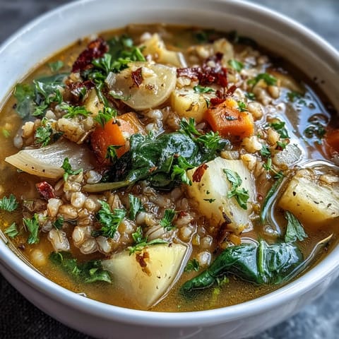 A steaming bowl of warm winter-to-spring vegetable soup with barley, filled with vibrant root vegetables and fresh greens.  