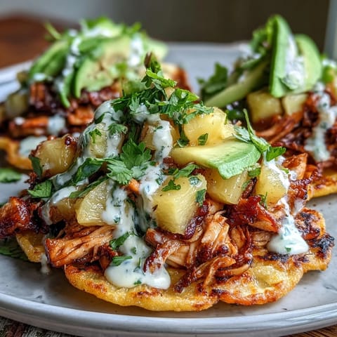 Crispy tostadas layered with tender chicken, zesty pineapple salsa, and tangy lime crema for a vibrant meal.  