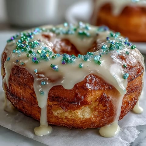 Soft, baked King Cake donuts with vanilla glaze and colorful Mardi Gras sprinkles, inspired by New Orleans flavors.
