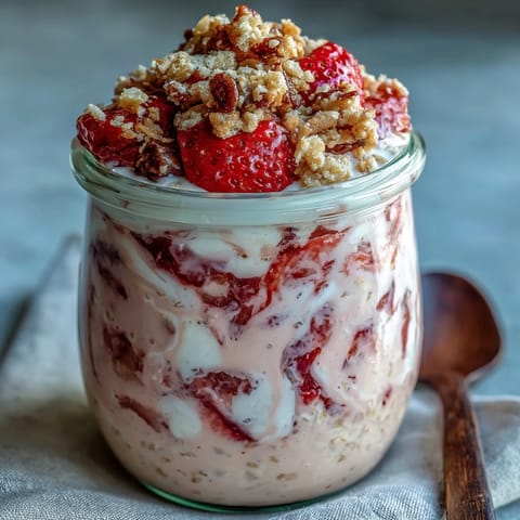 Strawberry cheesecake overnight oats with graham crumble in a glass jar, creamy oats layered with fresh strawberries and topped with crunchy graham cracker crumble for a decadent breakfast treat.