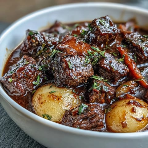 Cozy beef stew with carrots, parsnips, and potatoes simmered to perfection in a rich red wine sauce.  