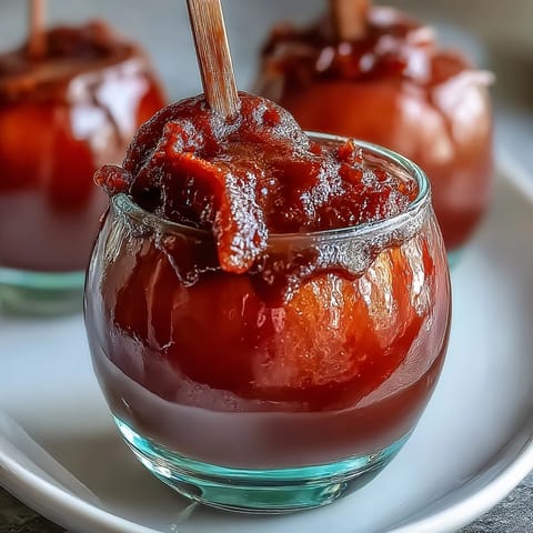Shiny red candy-coated apples with a satisfying crunch, showcasing the iconic treat loved at carnivals and autumn celebrations.