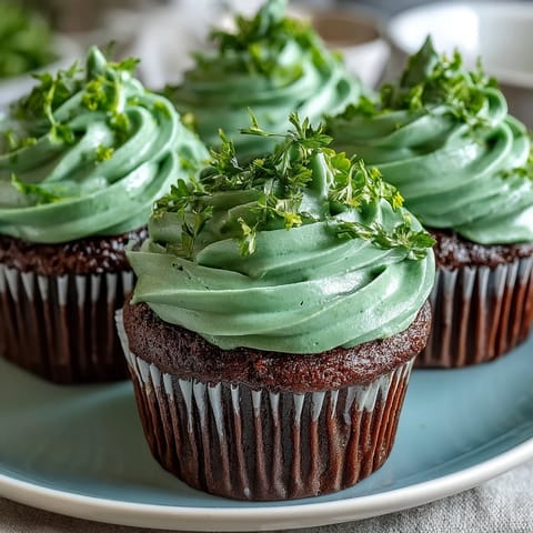 Green velvet St. Patricks Day cupcakes with swirls of creamy vanilla frosting and festive green sprinkles.