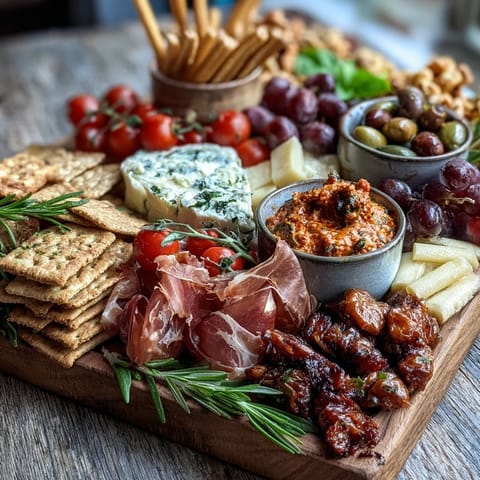 A vibrant charcuterie board with cured meats, cheeses, dips, and crackers for a housewarming celebration.