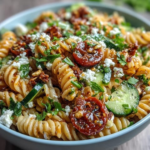 Fresh lemon vinaigrette pasta salad with cucumbers and cherry tomatoes, a vibrant summer side dish bursting with tangy citrus flavor.