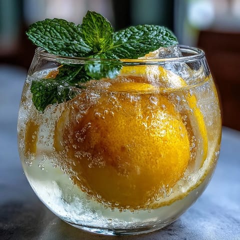 Refreshing Limoncello Sorbet Float with sparkling water, lemon zest, and mint garnish in chilled glasses.