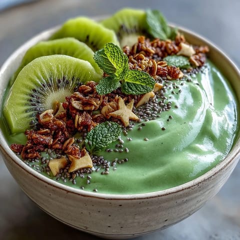 Creamy green shamrock protein smoothie bowl topped with kiwi slices, granola, and chia seeds for a festive St. Patrick's Day breakfast.