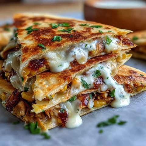 Crispy Cinco de Mayo street corn quesadilla loaded with roasted corn, melty cheese, and fresh cilantro on a golden tortilla.