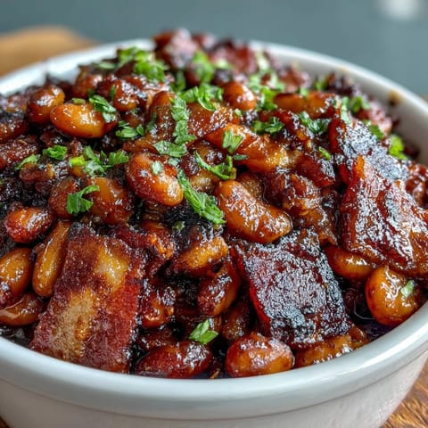 1. Hearty Summer BBQ baked beans with brown sugar and bacon, bubbling in a rich, smoky sauce with crispy bacon bits on top.