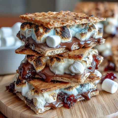 Gooey 4th of July smores dip bubbling in a cast iron skillet with toasted marshmallows and melted chocolate.