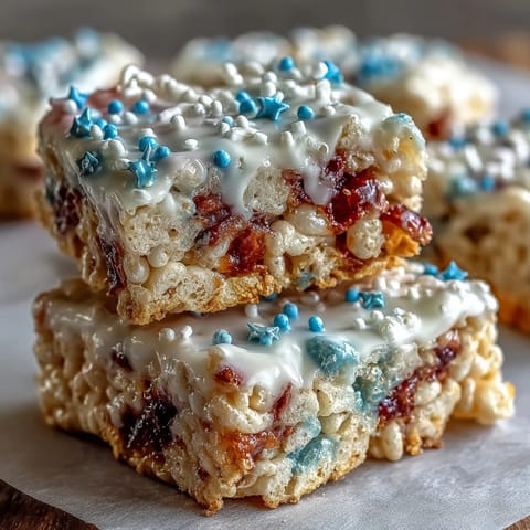 Patriotic red, white, and blue Rice Krispies treats layered in a festive pan, perfect for Fourth of July parties.