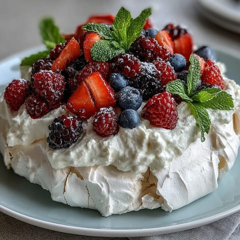 Pavlova with Fresh Berries and Cream: A crisp, golden meringue topped with silky whipped cream and vibrant mixed berries, perfect for spring celebrations.