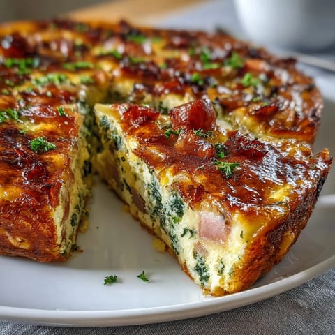 Savory One-Pan Ham and Swiss Frittata with melted Swiss cheese and fresh spinach, baked until golden and fluffy in a cast iron skillet.