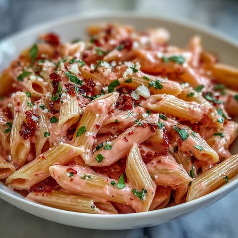Creamy Viral Pink Sauce Pasta topped with fresh basil and parmesan cheese.